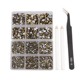 NCB 8000 Pieces 1.3-6.5mm 10 Mix Size Non Hotfix Rhinestones Golden Aurum Flat Back SS3 SS4 SS5 SS6 SS8 SS10 SS12 SS16 SS20 SS30 Crystal Round Glass Gems with Tweezers and Picking Rhinestones Pen