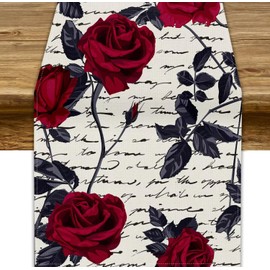 Red Rose Table Runner,Vintage Rose Spring Flowers Dinner Table Decoration for Home Living Room Kitchen Dining Room 13x108in