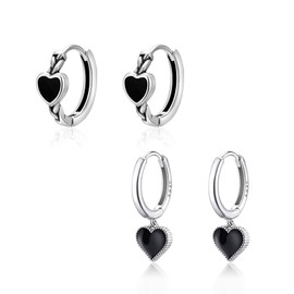 2 Pairs Women Earrings 925 Sterling Silver Earrings Hypoallergenic Black Heart Hoop Earrings for Girls Teen Hoop Earrings Heart Drop