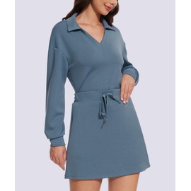 Casly Lamiit Two Piece Outfits for Women Fall Casual Lounge Sets V Neck Sweatshirt Tracksuit Tennis Skorts with 2 Pockets Athleisure Gym Sets Grey Blue Medium