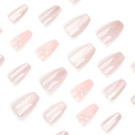 Press On Nails, Beauty Pattern Summer Cute Glue on Nails, Fake Nails, Short Square Almond Ballet Shape on 24PCs (Ballet Nude Bow)