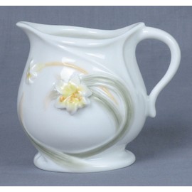 3.5 Inch Glazed White Porcelain Creamer w White Lily Leaves Stems