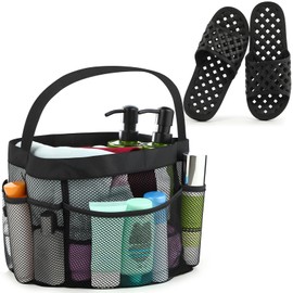 Jamntower 2 Pcs Mesh Shower Caddy and Shoes Portable for College Dorm Essentials, 8 Pockets Quick Dry Non-Slip Bathroom Slippers, Large Organizer Tote Bag for College, Beach, Swimming, Gym