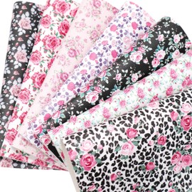 CraftsFabric 7pcs Floral Printing Synthetic Vinyl Faux Leather Fabric Bundle Width 8" x12" for Bags, Hair Bow, Leather Keychains, Purse Wallets Making Upholstery Decoration (Rose Flower)