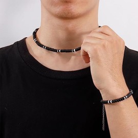 HOKPLITE Puka Shell Necklace for Men Women, Surfer Necklace and Bracelet Fashion Jewelry Set, Summer Puka Statement Beaded Choker (NK-10004-Black)