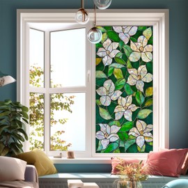 HOMETITUTE Green Leaf Stained Glass Window Film White Floral Window Privacy Film Glass Decorative Static Clings Rainbow Window Tint for Home Room Bathroom Car Door Decor Films 17.7x39.3 inch
