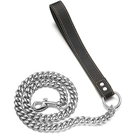 Aiyidi Dog Chain Leash, Stainless Steel Metal Link Training Leash Width 11/15MM Length 3/4/5FT Silver Cuban Chain, with Genuine Leather Padded Handle, for Large/Medium/Small Dogs (15mm, 3FT)