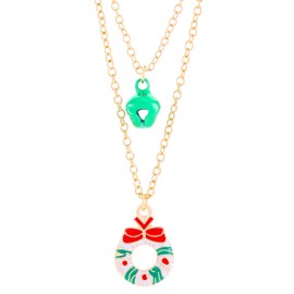 QLUYCKW Christmas Jingling Bell Necklace Elegant Red Green Jingle Bell Reindeer Santa Claus Tree Gloves Wreaths Gold Pendant Necklace Chain X-Mas Holiday Jewelry for Women (Christmas Wreath)