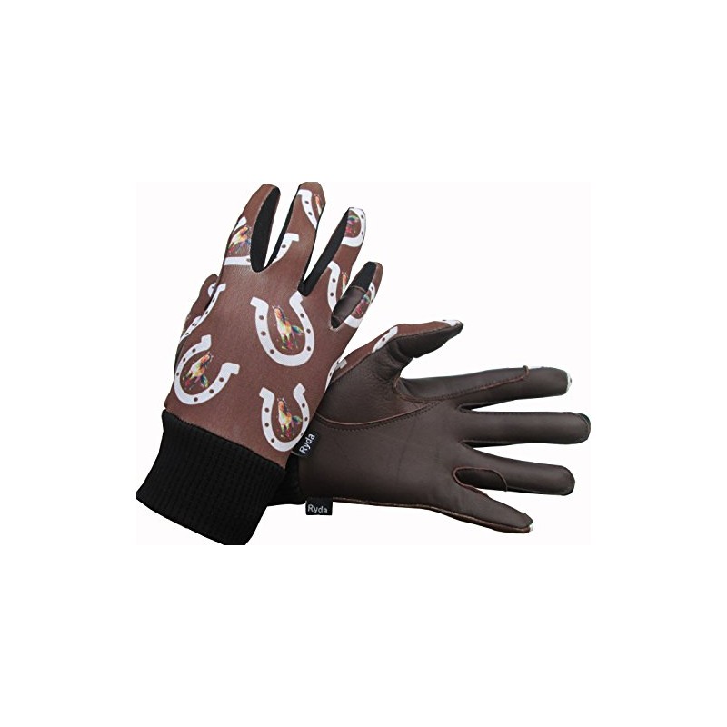 Ryda Childerns Horseshoe Design Leather Horse Riding Gloves (Brown, Small)
