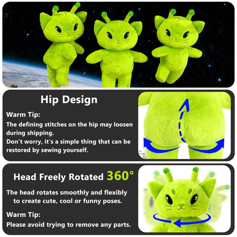Alien Cat Plush, Green Alien Stuffed Animal Toy Cat Meme