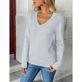 Zeagoo Women's 2025 Fall V Neck Sweater Trendy Long Sleeve Casual Lightweight Ribbed Knit Pullover Tops