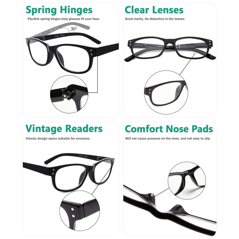 Eyekepper 5-pack Retro Vintage Lesebrille mit Federscharnieren Schwarz +4.00