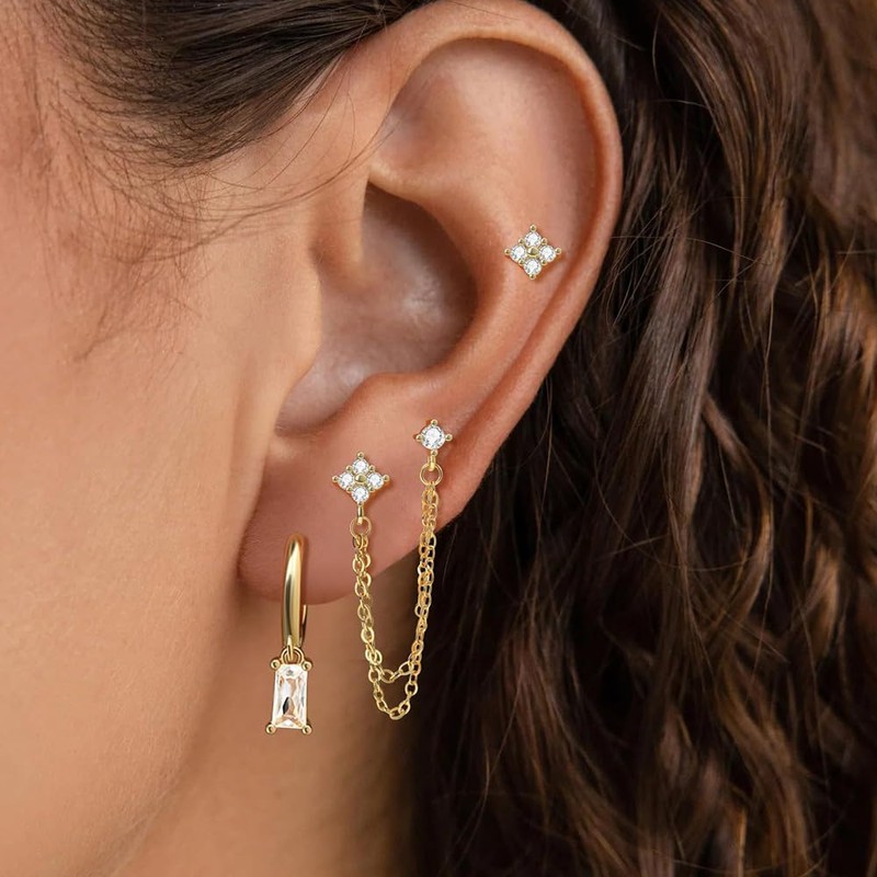 Gold Chain Studs Earrings for Women 14K Gold Plated Dangle