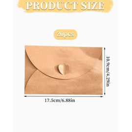JEXOWIQ Pack of 20 Kraft Paper Envelopes, Mini Envelopes, Small Envelopes, Mini Envelopes with Heart Closure for Money Gifts, Thank You Cards, Invitation (17.5 x 10.9 cm)