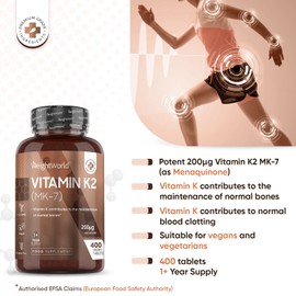 Vitamin K2 MK7 200mcg - 400 Vegan K2 Vitamin Tablets (Not Vitamin K2 Capsules) - 1+ Year Supply - High Strength Vitamin K Supplement as Menaquinone - Gluten-Free Vit K2 Bone Supplement for Men & Women