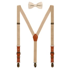 WANYING Men's 2 cm Braces Bow Tie Sets – PU Leather 3 Retro Brass-like Clips Y Shape Braces Elastic Adjustable for Height 140-190 cm, Beige with bow tie