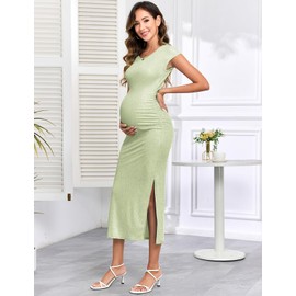 AISWI Women's Split Maternity Dress Fine Ribbed with Sparkly Gold Foil, Bodycon Ruched Pregnancy Dresses Baby Shower, Sage Green, Large