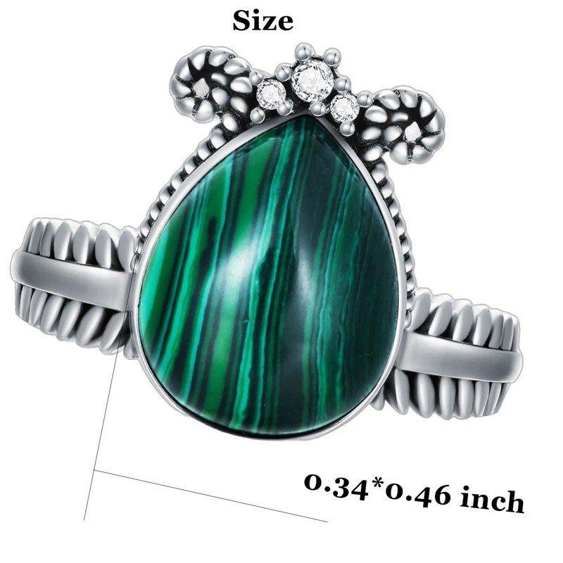 Plesitep Pear Malachite Ring 925 Sterling Silver Malachite Stone Ring