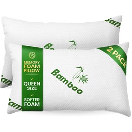 Memory Foam Pillows Queen Size Set of 2 - Cooling Bed Pillows for Sleeping - Back, Stomach, Side Sleeper Soft, Comfy Cool Shredded - 2 Pack, Rayon Derived from Bamboo