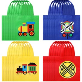 Silkfly 24 Pcs Train Themed Party Favor Tote Bags - Canvas With Handles for Kids Goodie Treat - Birthday Party Supplies