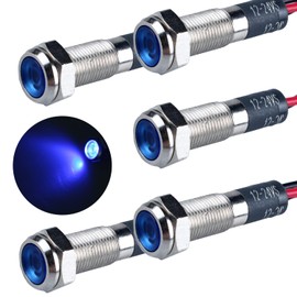 DMWD 5 Pcs 12V-24V 6mm LED Indicator Light Mounting Hole 1/4" 20mA Energy Saving Metal Signal Lamp Waterproof IP67 with 15cm/5.9in. Wire for Car Truck Boat (Blue LED)