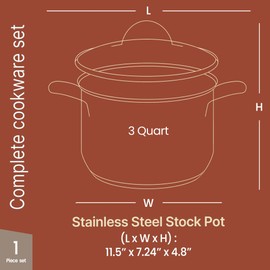 Stainless Steel Stockpot with Tempered Glass Lid 3 Quart, Durable 18/0 Stainless Steel, Impact-Bonded Base for Even Heating, Riveted Handles, Oven & All Stove Compatible, Safe Up To 500°F (260°C)