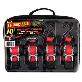Erickson 04418 Pro Series Red 1" x 10' Retractable Ratcheting Tie-Down Strap, (Storage Bag of 4, 1200 lb Load Capacity)