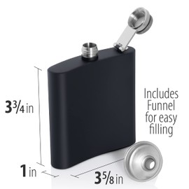 Maxam Black Stainless Steel Flask, Lightweight Drinking Hip Flask with a Screw-On, Leak Proof Lid, Funnel, 6 Ounce Capacity in Black Box