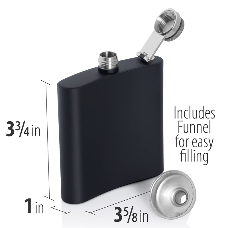 Maxam Black Stainless Steel Flask, Lightweight Drinking Hip Flask with