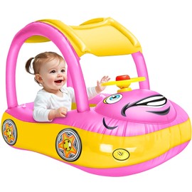 iGeeKid Inflatable Baby Pool Float with Canopy, Safty Seat for Infant Baby Swim Float Rings Car Shaped Swimming Pool Floaties for Babies Toddler Age of 6-36 Months (Pink)