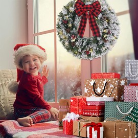 Christmas Wreath for Front Door, DECSPAS 24 Inch 2 FT Prelit Snowy Flocked Christmas Wreaths with Timer 30 LED Lights Bow Red Berries Pine Cones, Christmas Door Decorations for Home Outdoor Indoor