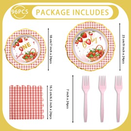 96-Piece Strawberry Birthday Party Supplies Set – 9” & 7” Paper Plates, Napkins, Forks – Sweet One First Birthday Decor for Girls, Baby Shower, Summer Fruit Theme (Serves 24)