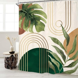 Miyotaa Mid Century Abstract Shower Curtain Set 60Wx71H Inches Tropical Monstera Leaves Boho Plant Botanical Minimalist Aesthetic Polyester Waterproof Cloth Bathroom Curtain with 12 Hooks