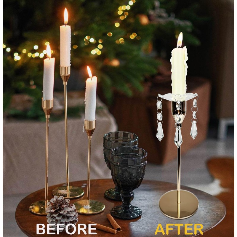 VGEUNA 4 Pieces Bent Glass Candle Bobeches with Crystal Prisms