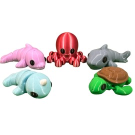 Mini 3D Printed Animals Collection - Unique Articulated Fidget 3D Printed Toys - Home Office Executive Desk Decor - Dolphin Octopus Shark Narwhal Sea Turtle (5 Pk, Ocean)