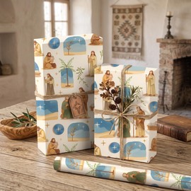 Pineraap Nativity Christmas Wrapping Paper Roll, Religious Biblical Wrapping Paper, Jesus Birth Holy Night Scene Gift Wrap for Church Events Baptism Christian Xmas Party Decor, 17 In x 16.4 Ft