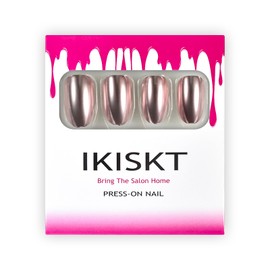 Bright Champagne Pink Metal Press On Nails for Daily Wear, IKISKT Metellic Mirror Oval Round Fake Stick on Nails Medium Reflective Artificial Lady False Fingernails with Glue Tabs, Punk Champagne Pink
