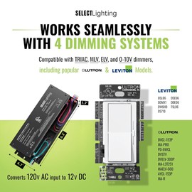 60W 12V Dimmable Driver, 4-in-1 (ELV, MLV, 0-10V, TRIAC), IP65 Waterproof, Class 2 for LED Tape Installation, Adaptive Dimming, Various Wattages for Architectural, Hospitality & Retail