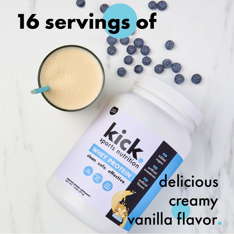 Kick Whey Protein Powder, Vanilla Flavor, 25 G Protein, Gluten