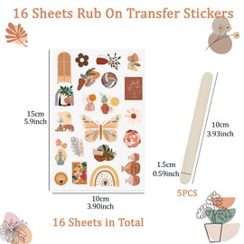 Wandic Rub On Transfer Stickers, Boho Theme Stickers, Transparent, Waterproof, Natural Stickers for Scrapbook, Diary, Planner, Album, 16 Sheets
