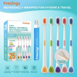 Fresings 25-Pack Ultra-Soft Manual Toothbrushes with Dual-Action Tongue Scraper – Individually Wrapped for Gentle Deep Clean, Sensitive Gums, Travel, Guest & Home, Adults & Kids, Bulk Value