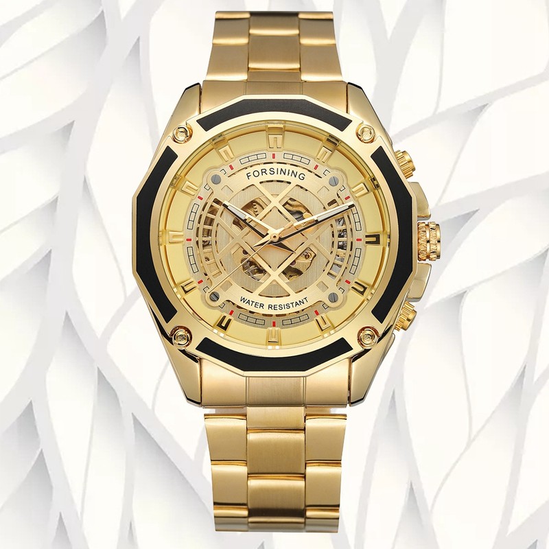 FORSINING Geometry Hollow Automatic Mechanical Men Watch Wristwatch (Gold Dial