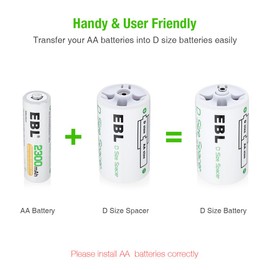 EBL D Size Battery Adapters, AA to D Size Battery Spacer Converter Case Use with Rechargeable AA Batteries Cells - 4 Pack