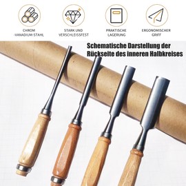 Set of 4 Wooden Chisel Set, Round, Curved Gouge Chisel Tool Set, CR-V Steel Semicircular Edge 8 mm (5/16 Inch) / 12 mm (1/2 Inch) / 18 mm (3/4 Inch) / 24 mm (1 Inch) for DIY Crafts (Inner Edge)