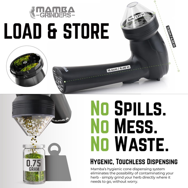 Mamba Lite 0.75g Black All-Plastic Head USB Electric Herb Grinder.
