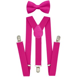 trilece Pink Suspenders and Bow Tie Set for Boys Kids Girls Toddlers Baby Bowtie - Adjustable Elastic 1 inch Wide Y Shape - Heavy Duty Strong Clips (5 Months to 6 Years, Hot Pink)