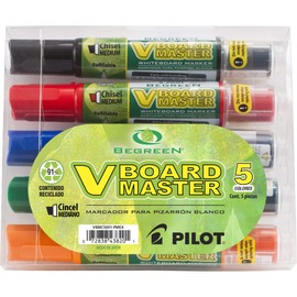 Pilot Vboard Master 43820, Marcadores para pizarrón blanco, estuche con 5 piezas de punta cincelada, colores negro, azul, rojo, verde y naranja