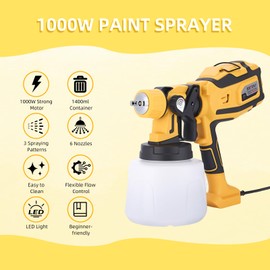 ZOOTEALY Paint Sprayer: 1000W Electric HVLP Spray Paint Gun with Cleaning & Blowing Joints - 1400ML Container - 6 Nozzles and 3 Patterns - LED Light - Handheld Corded Paint Sprayer for House Painting