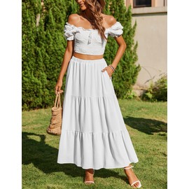 Zeagoo Skirt Women's Elegant Maxi Skirt Casual High Waist Long Skirt A-Line Skirts Summer Elastic Skirt with Pockets S-XXL, White