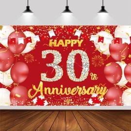 6x3.6ft Happy 30th Anniversary Backdrop Banner,Red Gold Backdrop Sign,Anniversary Party Supplies Photo Background for Children Men Women.